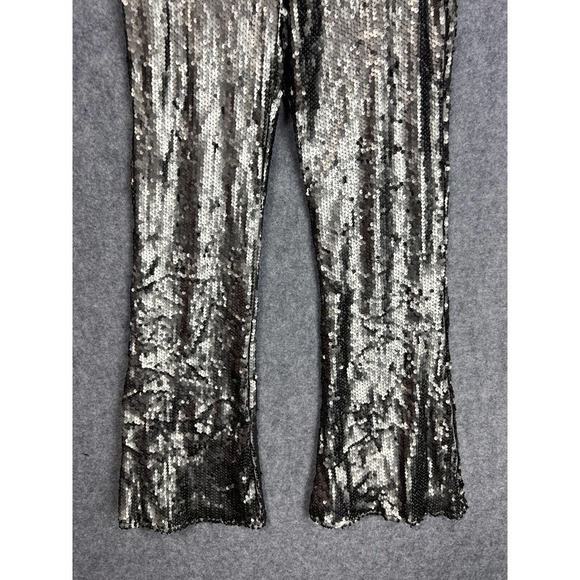 Revolve Pants Women Silver Black Back Zip Pull On Sequin Wide Leg - Picture 3 of 11